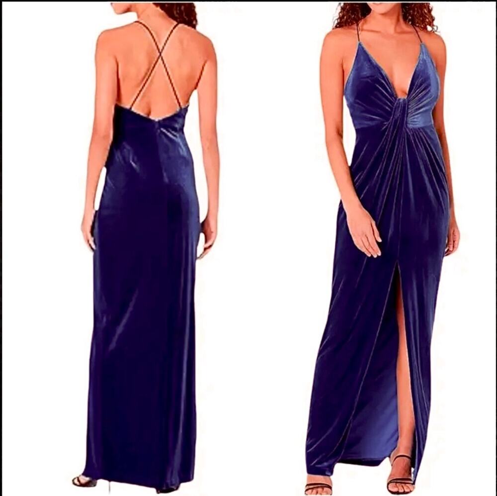 NWOT Aiden by Aiden Mattox Twist Front Plunge Velvet Formal Majestic Indigo 10